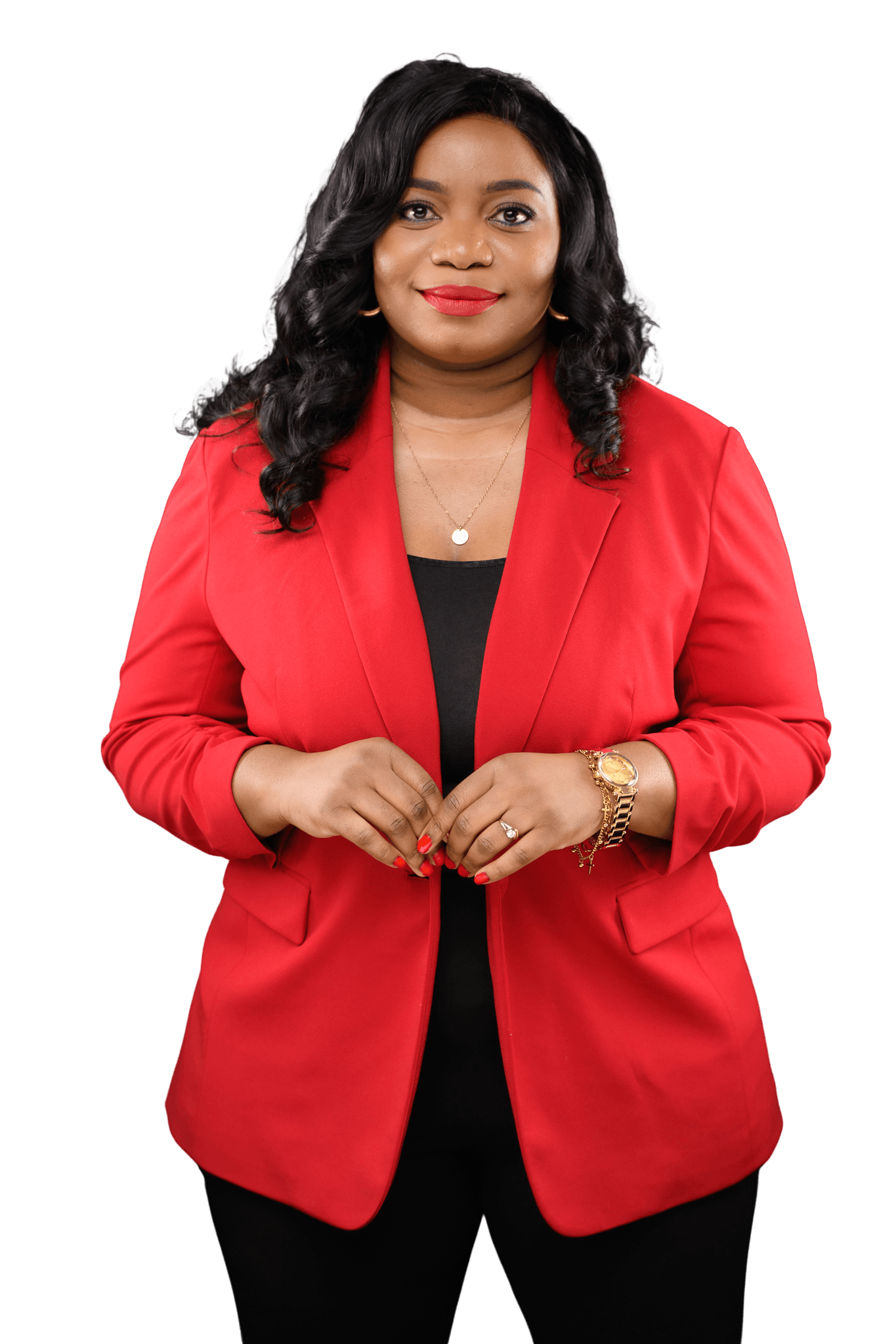 Imelda Kandiero Sabuni in a red blazer, hands together