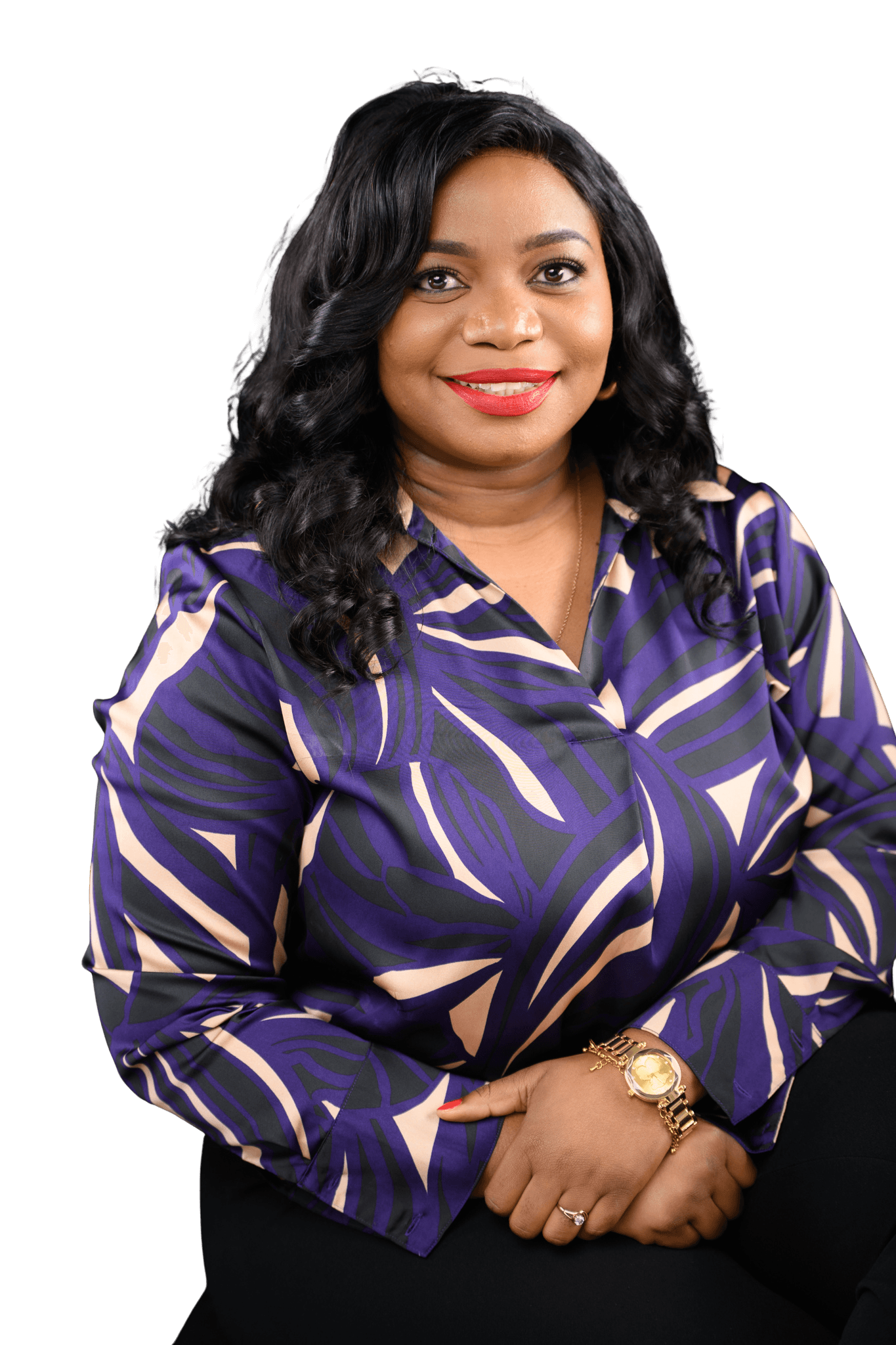 Imelda Kandiero Sabuni in a purple patterned blouse